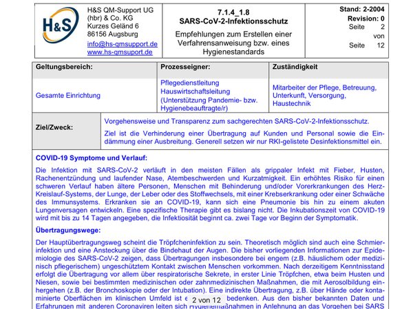 Verfahrensanweisung SARS-CoV-2-Infektionsschutz (Muster) -  Microsoft Word®